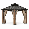 Pavillon de jardin 300 x 300 x 270 cm, structure métallique aspect bois brun foncé, toit rigide anthracite et rideaux beiges