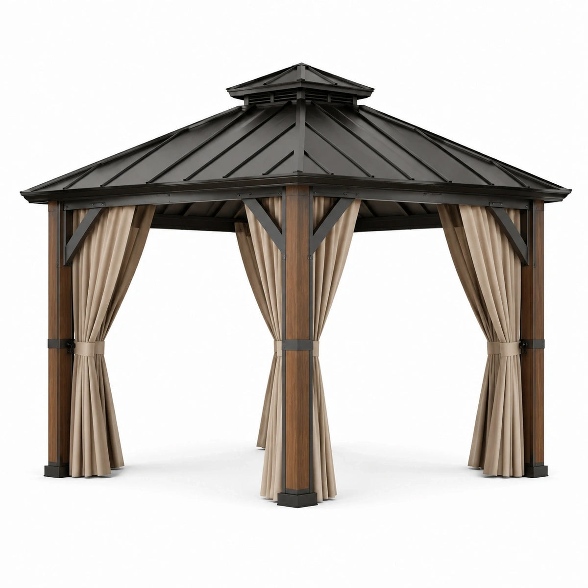 Pavillon de jardin 300 x 300 x 270 cm, structure métallique aspect bois brun foncé, toit rigide anthracite et rideaux beiges