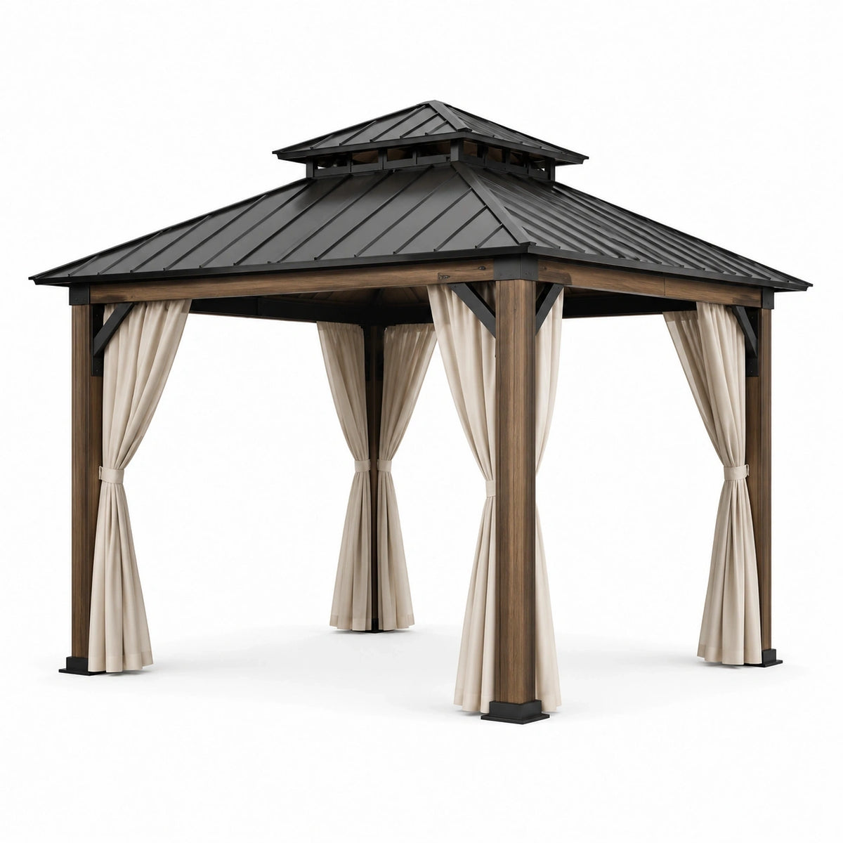 Tonnelle de jardin 300 x 300 x 275 cm, structure aspect bois, toit rigide noir et rideaux beiges