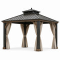 Pavillon de jardin en métal noir avec toit rigide, finitions brunes et rideaux beiges, 360 x 360 x 310 cm
