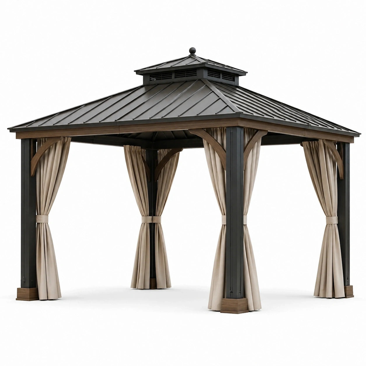 Pavillon de jardin en métal noir avec toit rigide, finitions brunes et rideaux beiges, 360 x 360 x 310 cm